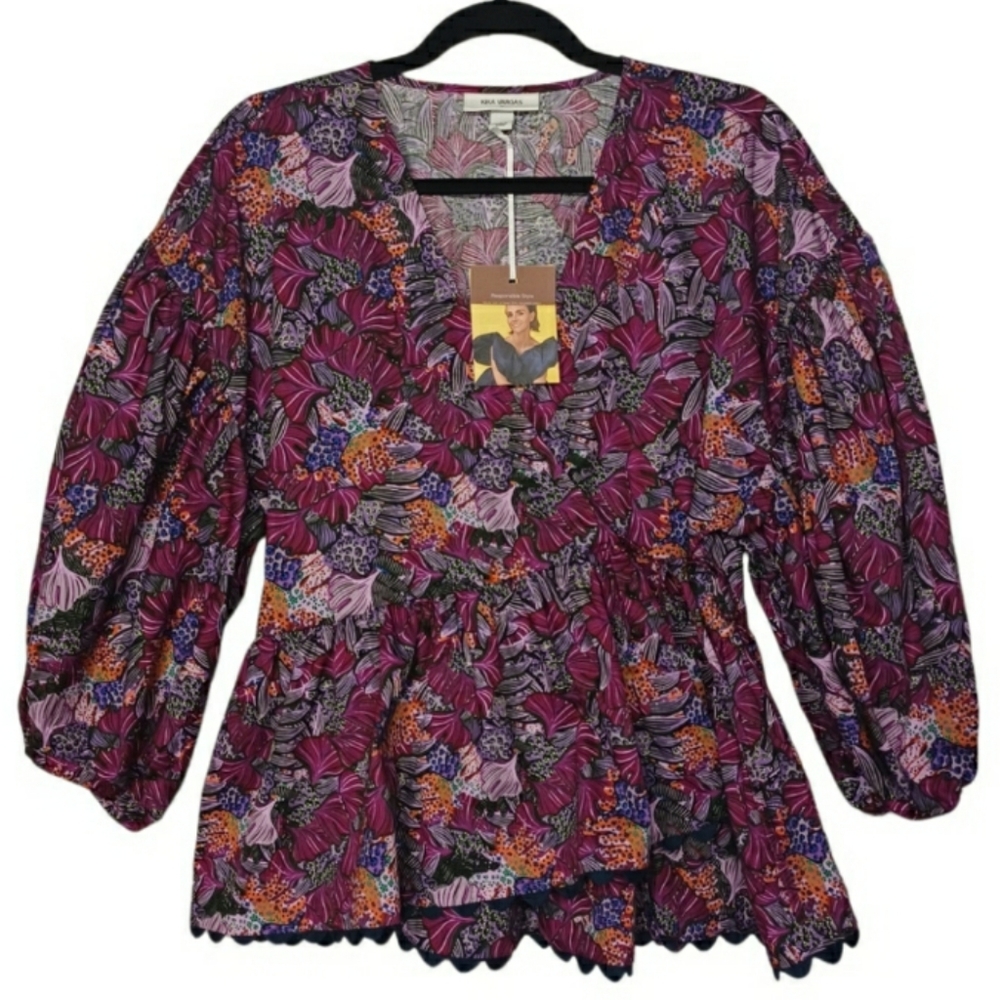 KIKA VARGAS Purple Floral Colorful Print Puff Sleeve Wrap Large Top NWT